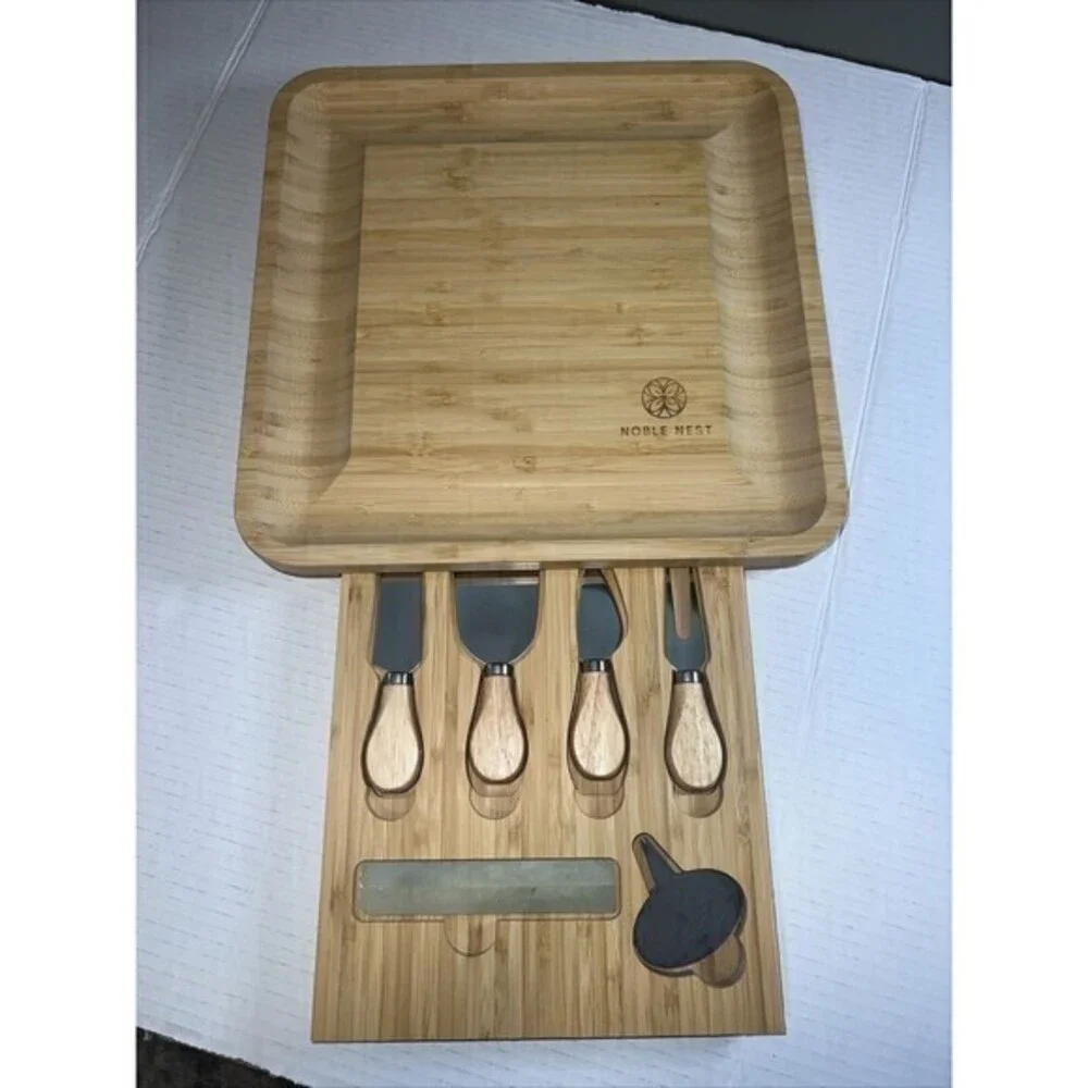 🔥 Bamboo Cheese Board & Knife Set; Noble Nest Charcuterie Board-NWOB‎